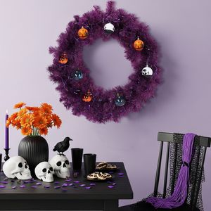 Ghirlanda Natalizia a Tema Halloween Pre-Illuminata da 24 Pollici, 50 Luci Viola e Arancioni, Ghirlanda Artificiale Illuminata per Porta d'Ingresso, 100 Punte in PVC - Product Image 6