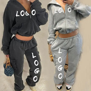 Ensemble de survêtement gris à capuche pour femme, fermeture éclair intégrale, imprimé logo, sweat-shirt décontracté et pantalon coupe ample, streetwear automne, 100% coton - Product Image 5