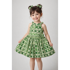 Vestido Casual sin Mangas para Niñas, Verde, de Algodón Estampado con Lazo en la Cintura - Product Image 1