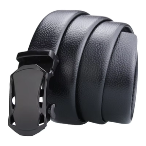 Ceintures en cuir grainé noir pour hommes, durables, à boucle automatique à cliquet simple, pour affaires et décontractées, vente en gros - Product Image 3