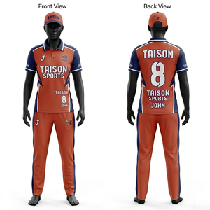 Tenue de cricket pour femmes en polyester respirant 180 GSM, orange et bleu marine avec empiècements latéraux contrastants, ensemble personnalisable par sublimation avec logo - Product Image 1