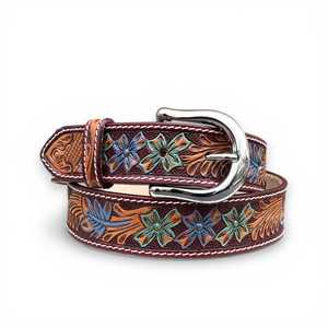 Cinturón de Cuero Genuino Hecho a Mano con Grabado Floral, Hebilla Plateada, Color Personalizado, Impresión UV, Clásico y Moderno, 1-1/2 Pulgadas de Ancho, Duradero - Product Image 1