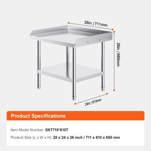 24 X 28 X 26 Inch Heavy Duty Stainless Steel Worktable with 3-Sided Backsplash Commercial <b>Kitchen</b> Steel <b>Prep</b> Worktable Met - Product Image 5