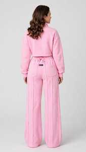 Conjunto deportivo informal de top corto rosa con media cremallera y pantalones anchos con cordón para mujer - Product Image 4
