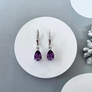 Amethyst Drop <b>Earrings</b> 925 Sterling Silver Platinum Plated Pear Cut Healing Gemstone Third Party Certified Dainty Gift for Her - Product Image 6
