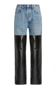 Pantalon en jean taille haute avec empiècements en cuir, fermeture éclair sur le devant, coupe droite pour femme - Product Image 3