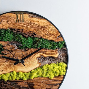Wooden Wall <b>Clock</b> with Preserved Moss Large Round Handmade Wood <b>Clock</b> Farmhouse Decor Natural Wood Grain Modern Wall Art - Product Image 4
