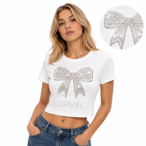 T-shirt chic et décontracté en coton pour femme avec broderie de sequins personnalisée, coupe courte élégante, idéal pour l'été, avec strass et personnalisation OEM - Product Image 1