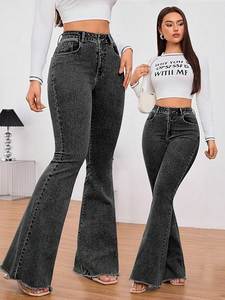Jean en denim évasé taille mi-haute pour femme, longueur intégrale, imperméable, sexy, style streetwear, délavé, en coton, décontracté, style automne - Product Image 4