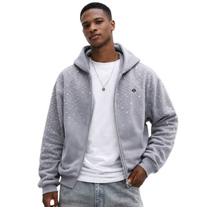 เสื้อฮู้ดซิปหนักประดับเพชรสำหรับผู้ชาย ผ้าฝ้ายฟลีซทรงโอเวอร์ไซส์ สตรีทแวร์ รับทำโลโก้ ขายส่ง ผลิตจำนวนมาก - Product Image 1