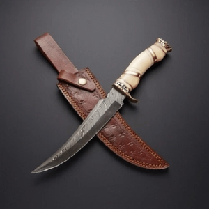 Cuchillo Bowie de Hoja Fija de Acero de Damasco con Mango de Hueso Hecho a Mano para Caza y Camping, Funda de Cuero OEM, Regalo para Papá, EE. UU. y Europa - Product Image 1