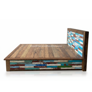 Cama de Madera de Barco Reciclada con Cabecera Estilo Patchwork, Color Original, Diseño Sostenible para Dormitorio - Product Image 2
