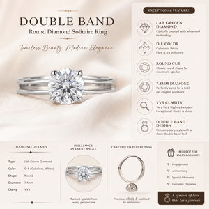 Anillo de Doble Banda de Oro Blanco de 10K con Diamantes Cultivados en Laboratorio |   Anillo de Compromiso Solitario Redondo |   Joyería de Lujo para Bodas y Aniversarios - Product Image 5