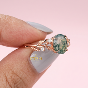 Anillo de Ágata Musgosa Natural, Anillo Floral Vintage de Lujo en Oro de 18K, Anillo de Compromiso Ovalado con Ágata Musgosa Verde - Product Image 3