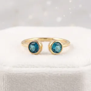 Wholesale Minimalist Style Jewelry Sky Blue <b>Quartz</b> Bezel Setting Double Stone 18k Gold Plated Brass Statement Stylish Fancy <b>Ring</b> - Product Image 6