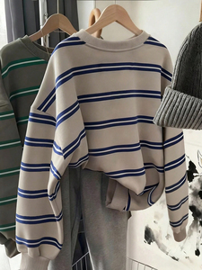 Sudadera de Manga Larga para Mujer, Cuello Redondo, Rayas, Algodón, Felpa, Hombros Caídos, Corte Holgado, Estilo Urbano, con Impresión de Logotipo Personalizado - Product Image 5