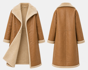 Women Genuine Shearling Long Leather <b>Coat</b> Winter <b>Fur</b> <b>Lined</b> Warm Double Breasted Shawl Collar Outerwear - Product Image 2