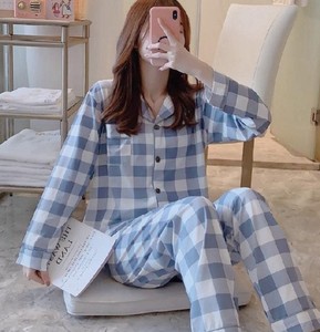 Ensemble de pyjama à manches longues à carreaux pour femmes, 100% coton, boutonné sur le devant, vêtements de nuit décontractés, deux pièces, longueur complète, col rabattu - Product Image 2