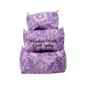 Quilted Hand Block Printed Indian Bohemian Eco-Friendly Zipper Small Makeup <b>Bag</b> for <b>Wash</b> Pouch 3 Pieces Cosmetic Organizer - Product Image 1