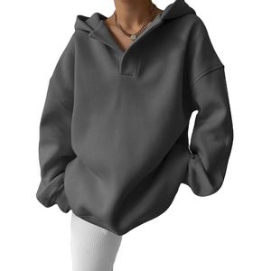 Sudadera con capucha de gran tamaño con cuello en V y forro polar clásico para mujer, sudadera transpirable de talla grande, ropa de invierno con bolsillo práctico - Product Image 5