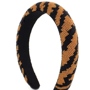Diadema Ancha Artesanal con Patrón Animal y Bordado de Cuentas Negras, Accesorio de Moda para Mujer, Precio Bajo - Product Image 1