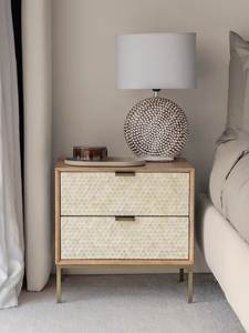 Mesita de noche de diseño con incrustaciones de hueso, hecha a mano, con patrón geométrico y espacio de almacenamiento. - Product Image 1