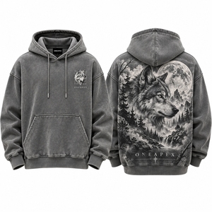 Sweat-shirt à capuche gris délavé pour homme, imprimé graphique lune loup montagne, coupe oversize, streetwear épais ONEAPEX - Product Image 1