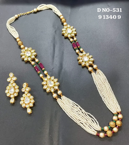 Golden Kundan Gold Plated Trendy Flower Imitation Pearl <b>Ruby</b> Beads Long <b>Necklace</b> SKU-531 D-4 - Product Image 3