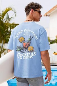 Camiseta de Manga Corta Azul Claro para Hombre con Estampado de Cóctel, Estilo Veraniego, Cuello Redondo, Corte Regular, Algodón Jersey, Diseño Transpirable - Product Image 3