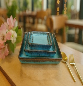 Handmade <b>Ceramic</b> Serving <b>Plates</b> Set Rectangle Blue Crackle Glaze Wabi Sabi Style Dinnerware Party Table Decor - Product Image 1