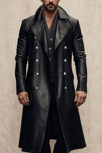 <b>Men</b> Genuine Leather <b>Long</b> Trench <b>Coat</b> Notched Lapel Double Breasted Regular Fit - Product Image 4
