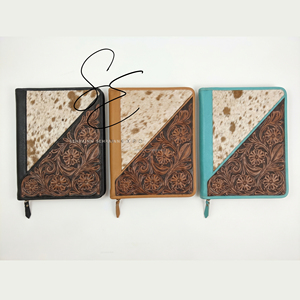 Vintage Tooled Leather Portfolio <b>Folder</b> Hair On Cowhide <b>A4</b> Organizer Zipper Case Turquoise Edge Corporate Business Padfolio - Product Image 4