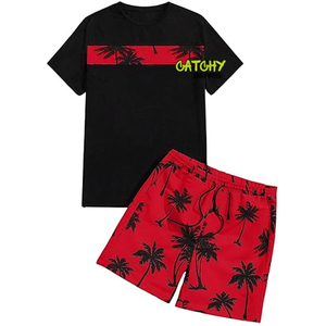 Ensemble de t-shirts imprimés en tricot pour hommes OEM, tissu doux, haut décontracté et short assorti - Product Image 3