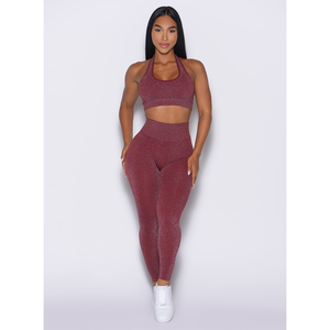 Ensemble 2 pièces de leggings froncés taille haute et soutien-gorge pour femme, couleur unie, effet délavé, pour entraînement et yoga, prix usine personnalisé, OEM Plum - Product Image 1