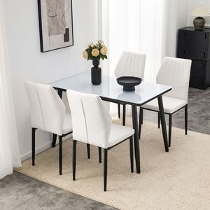 Tavolo da Pranzo Moderno Bianco con Effetto Marmo, Piano in Vetro, Base Inferiore in MDF Nero e Gambe in Metallo Nero, Set Tavolo e Sedie - Product Image 3