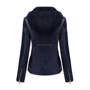 แจ็คเก็ตผู้หญิงหนังสีน้ำเงินเข้มมีฮู้ดเงางามพร้อมกระเป๋าซับในเชอร์ปาแสนสบายสำหรับฤดูหนาวและสไตล์ - Product Image 2