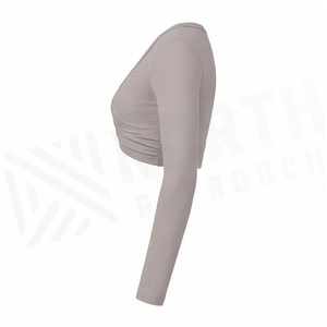 V-<b>Neck</b> Long Sleeve Crop Top Twist Draped Solid Color Breathable Spandex Polyester Yoga Wear Women's Sportswear - Product Image 3