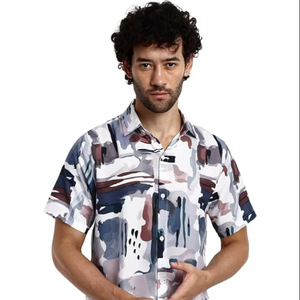 เสื้อเชิ้ตสำหรับผู้ชาย |   เสื้อเชิ้ตเรยอนลำลองพิมพ์ลายทั้งตัวสำหรับเด็กผู้ชาย เสื้อเชิ้ตติดกระดุม เหมาะสำหรับออกนอกบ้าน ท่องเที่ยว ชายหาด และพักผ่อน - Product Image 1