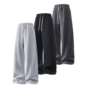 Solid Color Men's Loose Straight-Leg Long Pants Loose Drawstring Baggy <b>Trousers</b> <b>Elastic</b> <b>Waist</b> Track Pants - Product Image 1