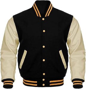 Veste bomber de style universitaire pour homme, streetwear tendance, personnalisable, avec corps en laine et manches en simili cuir - Product Image 1