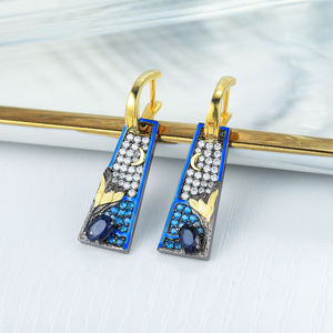 Boucles d'oreilles vintage plaquées or avec saphir bleu et incrustation de diamants pour femmes, bijoux de fête - Product Image 2