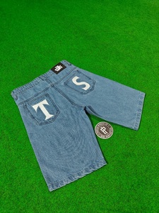 Snow Washed Blue Customize Embroidery Denim Jorts Embroidery <b>Patch</b> Loose Fit Wide Straight Leg Denim <b>Shorts</b> <b>Men</b> - Product Image 2