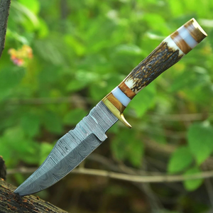 Cuchillo Bowie de Caza con Hoja Fija con Patrón Damasco, Mango de Madera de Ciervo, Espiga Completa, Punta Caída, Utilidad para Exteriores, OEM, Garantía de 3 Años - Product Image 2