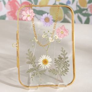 High Rectangular Brass Acrylic Photo Frame With Inlay Dried Flowers Handmade <b>Tabletop</b> Display Vertical Orientation - Product Image 1