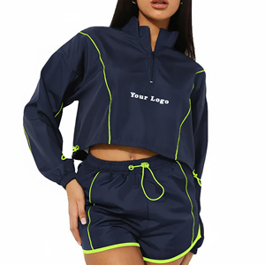 ชุดเซ็ตเสื้อแจ็คเก็ตซิป ¼ ตัวและกางเกงขาสั้นผ้าไนลอนคุณภาพสูง สไตล์ไฮสตรีท ตกแต่งขอบด้วยผ้าทั้งตัว น้ำหนักเบา ชุดลำลอง 2 ชิ้น - Product Image 4