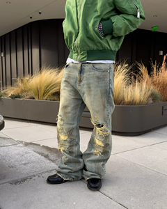 Jeans en coton de haute qualité, style streetwear américain Y2K, déchirés, avec patchs, taille mi-haute, coupe évasée hip-hop, bleu délavé, pour hommes - Product Image 5