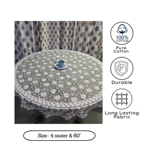 Indian Artisan Hand Block Floral Print Cotton 4 Seater Round <b>Dining</b> <b>Table</b> <b>Cover</b> Durable Washable Sustainable Floral Design - Product Image 2