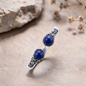 Vintage Scroll Classic Lapis Lazuli Unisex Jewelry Set <b>Adjustable</b> <b>Ring</b> with Open Cuff Bracelet Silver/Gold Plated Brass Gift - Product Image 5