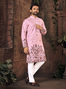 Pink Embroidered Kurta Set Men's Traditional Wedding Wear Knee-Length Silk Shirt with White <b>Pants</b> Indian Pakistani Attire - Product Image 3