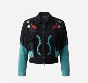 Chaqueta Bomber Negra de Gamuza con Flecos y Diseño Bordado, Manga Larga, Cuello Camisero, Corta, para Mujer, Otoño - Product Image 1